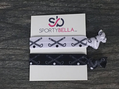 Field Hockey Hair Ties – 5-Pack No-Crease Elastic Ponytail Holders – Black & White Field Hockey Stick Design – Girls Field Hockey Accessories