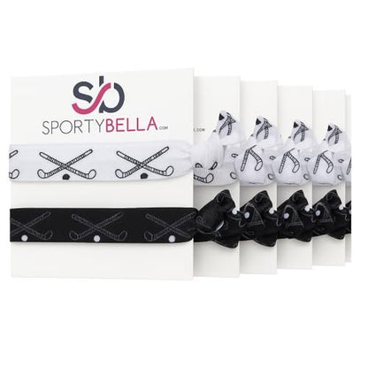 Field Hockey Hair Ties – 5-Pack No-Crease Elastic Ponytail Holders – Black & White Field Hockey Stick Design – Girls Field Hockey Accessories