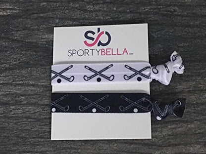 Field Hockey Hair Ties – 5-Pack No-Crease Elastic Ponytail Holders – Black & White Field Hockey Stick Design – Girls Field Hockey Accessories