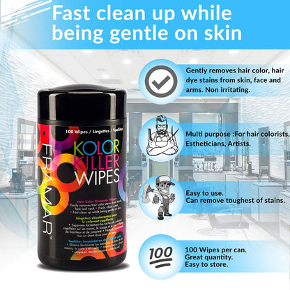 Framar Kolor Killer Wipes – Hair Dye Remover for Skin, Gentle Color Remover, 100 Wipes Dispenser