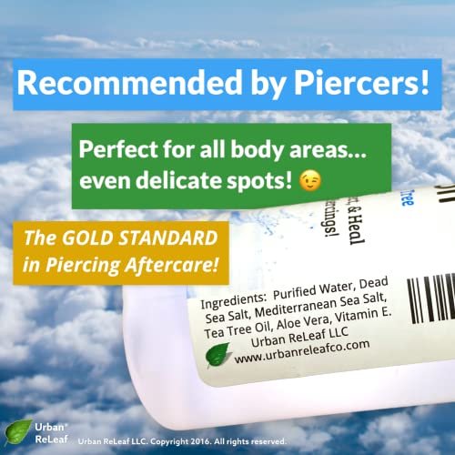 Urban ReLeaf Piercing Solution - Soothing Sea Salts & Tea Tree Aftercare 4 oz, Ready to Use - Safely Clean and Calm New & Stretched Piercings - Gentle, Effective, Natural & Proven Avelisse
