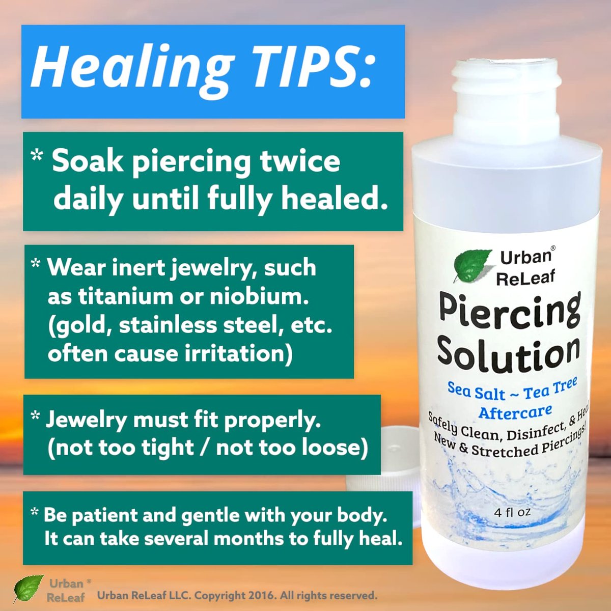 Urban ReLeaf Piercing Solution - Soothing Sea Salts & Tea Tree Aftercare 4 oz, Ready to Use - Safely Clean and Calm New & Stretched Piercings - Gentle, Effective, Natural & Proven Avelisse
