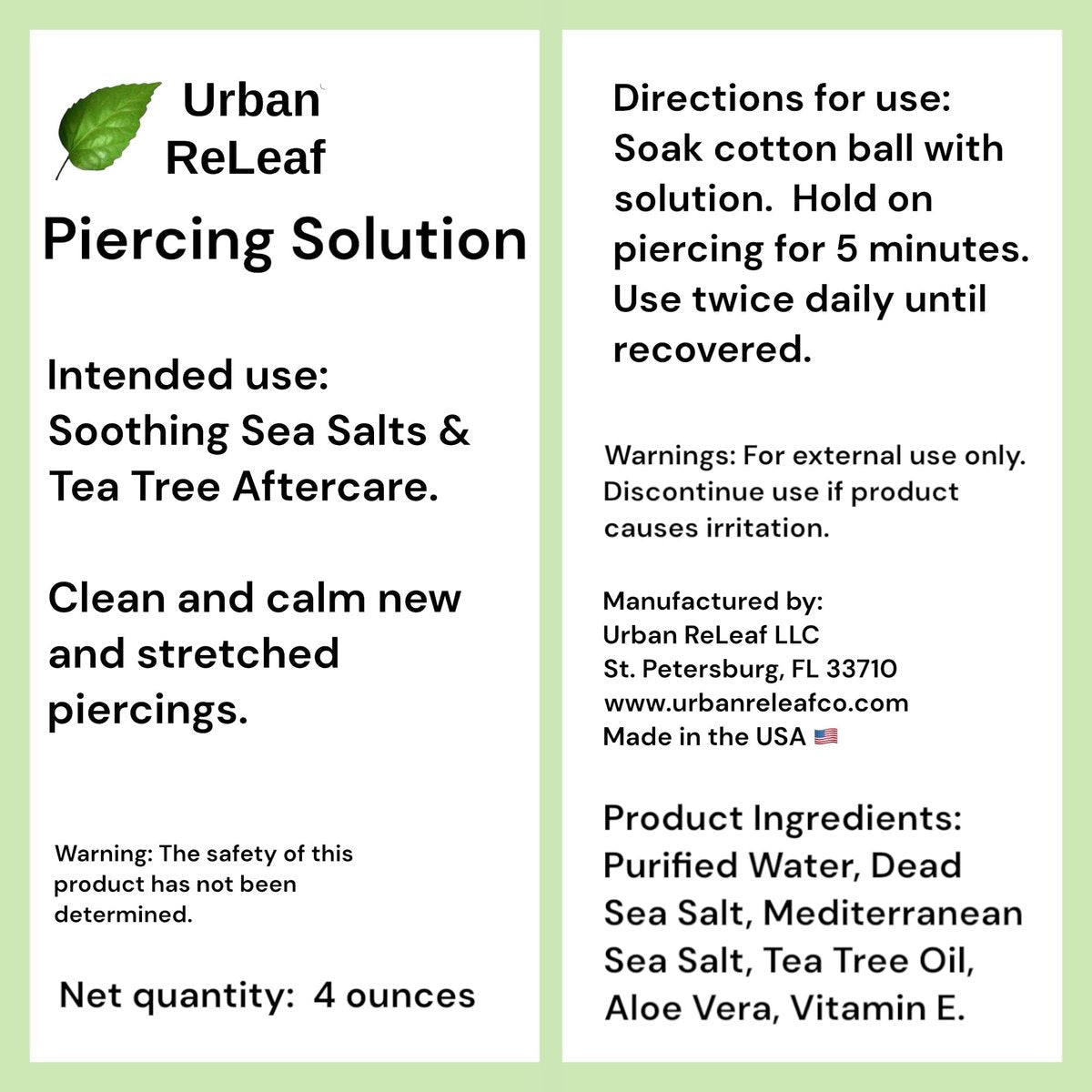 Urban ReLeaf Piercing Solution - Soothing Sea Salts & Tea Tree Aftercare 4 oz, Ready to Use - Safely Clean and Calm New & Stretched Piercings - Gentle, Effective, Natural & Proven Avelisse