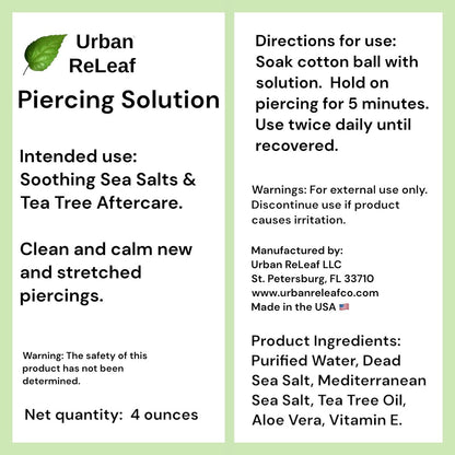 Urban ReLeaf Piercing Solution - Soothing Sea Salts & Tea Tree Aftercare 4 oz, Ready to Use - Safely Clean and Calm New & Stretched Piercings - Gentle, Effective, Natural & Proven Avelisse