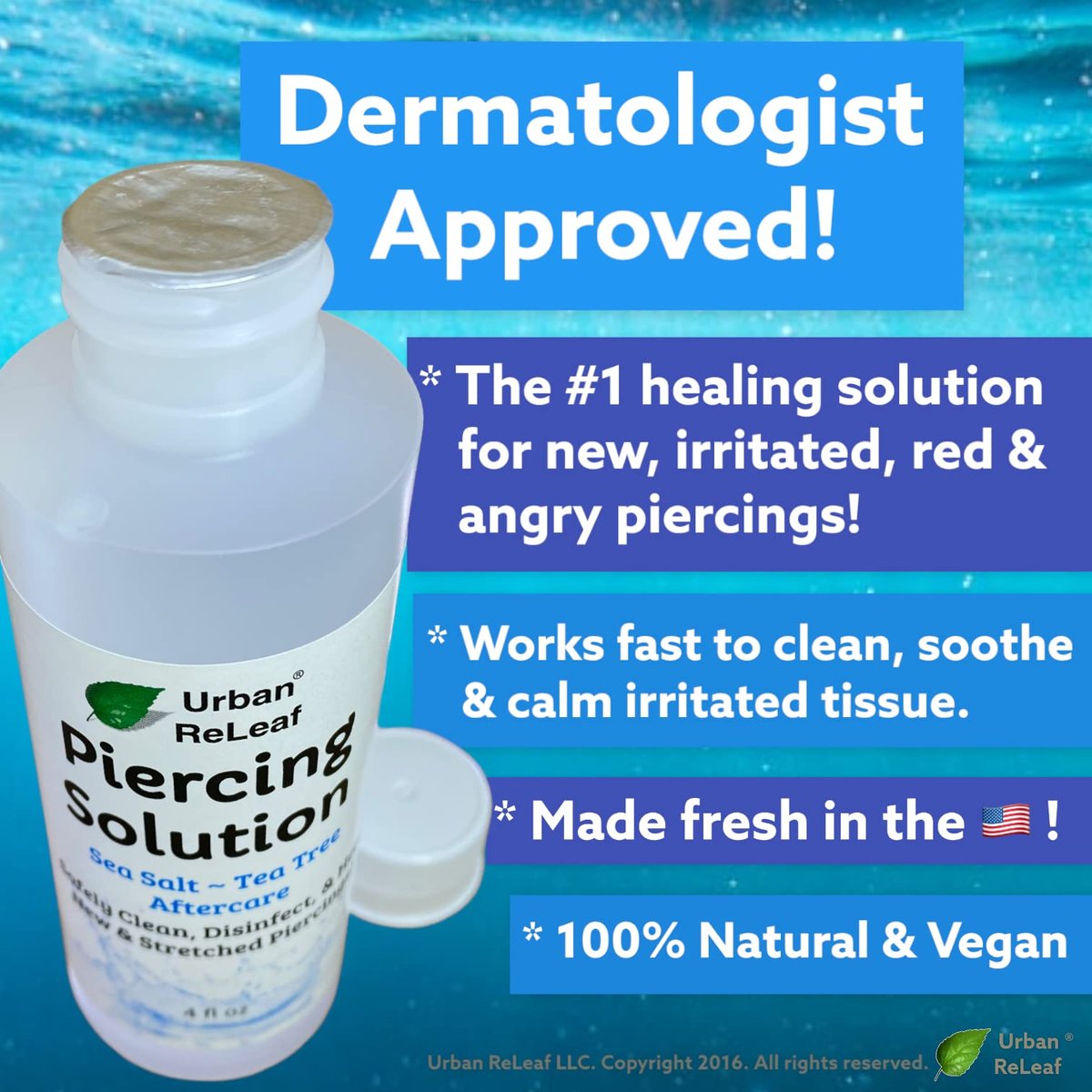 Urban ReLeaf Piercing Solution - Soothing Sea Salts & Tea Tree Aftercare 4 oz, Ready to Use - Safely Clean and Calm New & Stretched Piercings - Gentle, Effective, Natural & Proven Avelisse