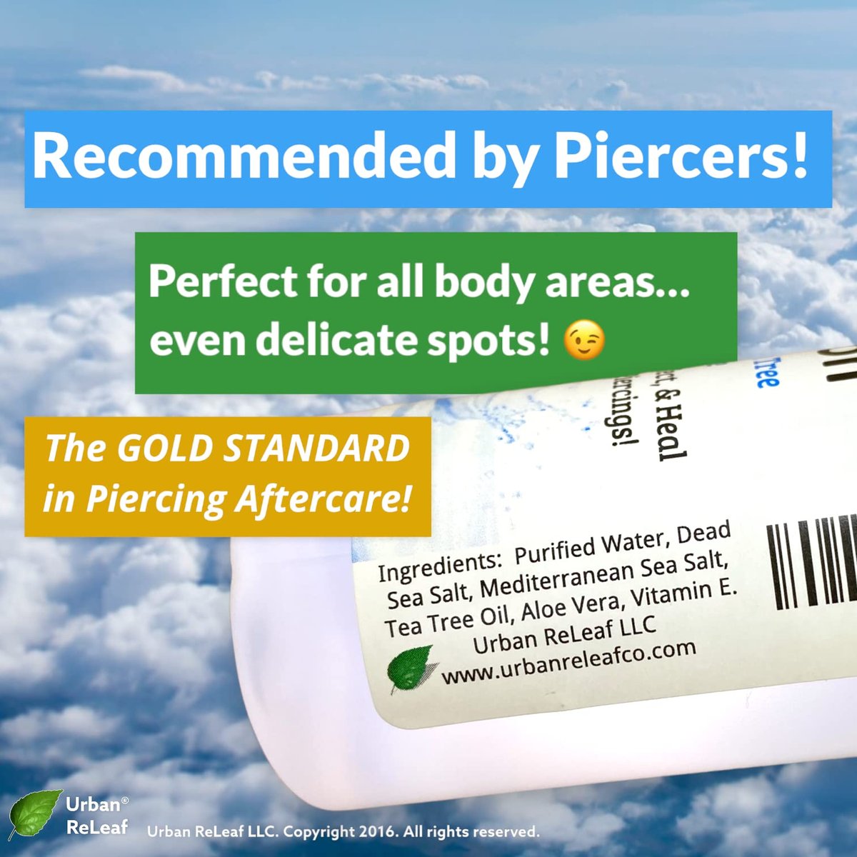 Urban ReLeaf Piercing Solution - Soothing Sea Salts & Tea Tree Aftercare 4 oz, Ready to Use - Safely Clean and Calm New & Stretched Piercings - Gentle, Effective, Natural & Proven Avelisse