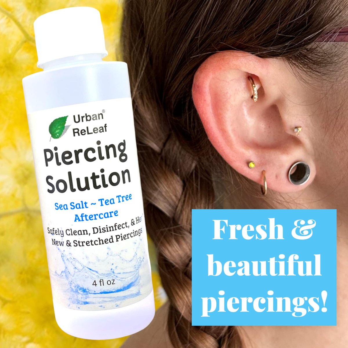 Urban ReLeaf Piercing Solution - Soothing Sea Salts & Tea Tree Aftercare 4 oz, Ready to Use - Safely Clean and Calm New & Stretched Piercings - Gentle, Effective, Natural & Proven Avelisse