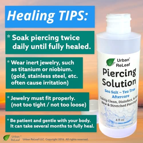 Urban ReLeaf Piercing Solution - Soothing Sea Salts & Tea Tree Aftercare 4 oz, Ready to Use - Safely Clean and Calm New & Stretched Piercings - Gentle, Effective, Natural & Proven Avelisse