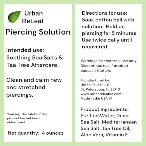 Urban ReLeaf Piercing Solution - Soothing Sea Salts & Tea Tree Aftercare 4 oz, Ready to Use - Safely Clean and Calm New & Stretched Piercings - Gentle, Effective, Natural & Proven Avelisse