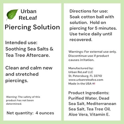 Urban ReLeaf Piercing Solution - Soothing Sea Salts & Tea Tree Aftercare 4 oz, Ready to Use - Safely Clean and Calm New & Stretched Piercings - Gentle, Effective, Natural & Proven Avelisse