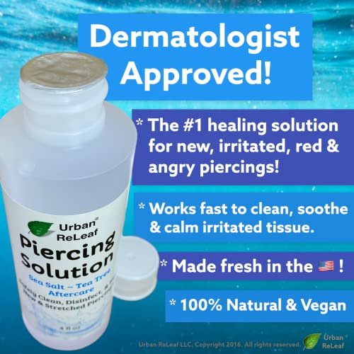Urban ReLeaf Piercing Solution - Soothing Sea Salts & Tea Tree Aftercare 4 oz, Ready to Use - Safely Clean and Calm New & Stretched Piercings - Gentle, Effective, Natural & Proven Avelisse