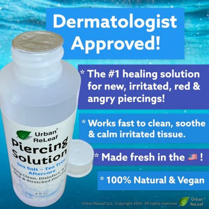 Urban ReLeaf Piercing Solution - Soothing Sea Salts & Tea Tree Aftercare 4 oz, Ready to Use - Safely Clean and Calm New & Stretched Piercings - Gentle, Effective, Natural & Proven Avelisse