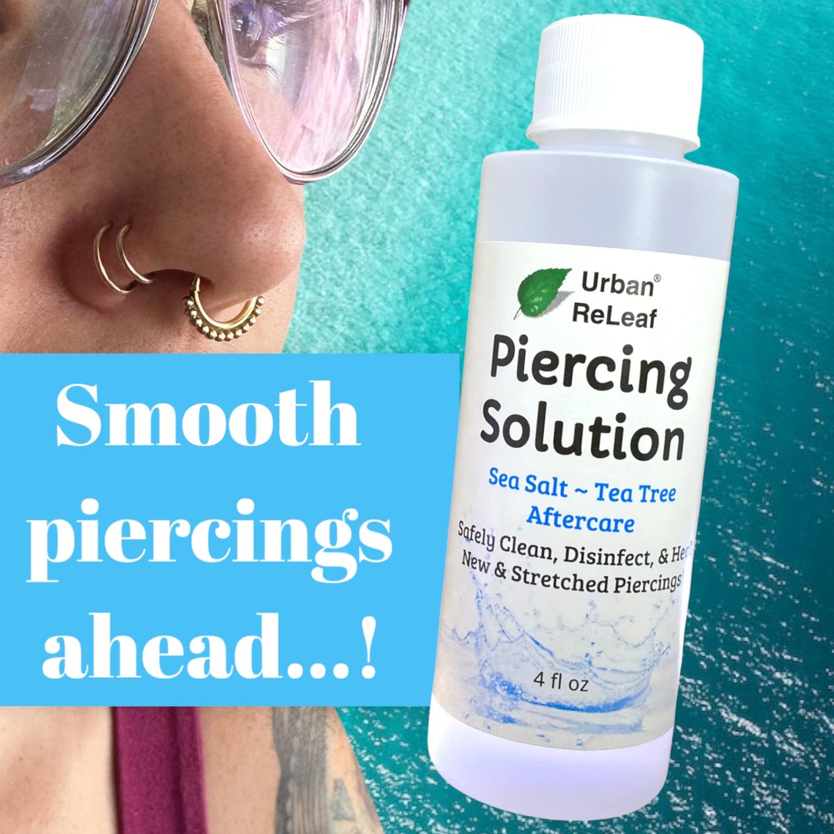 Urban ReLeaf Piercing Solution - Soothing Sea Salts & Tea Tree Aftercare 4 oz, Ready to Use - Safely Clean and Calm New & Stretched Piercings - Gentle, Effective, Natural & Proven Avelisse