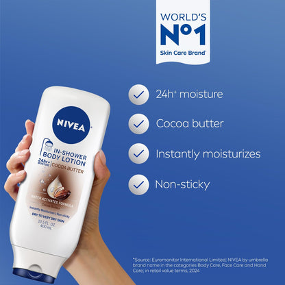 NIVEA Cocoa Butter In Shower Lotion, Water Activated In Shower Moisturizer for Dry Skin to Very Dry Skin, 13.5 FL OZ, Pack of 3 Avelisse