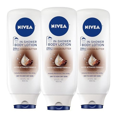 NIVEA Cocoa Butter In Shower Lotion, Water Activated In Shower Moisturizer for Dry Skin to Very Dry Skin, 13.5 FL OZ, Pack of 3 Avelisse