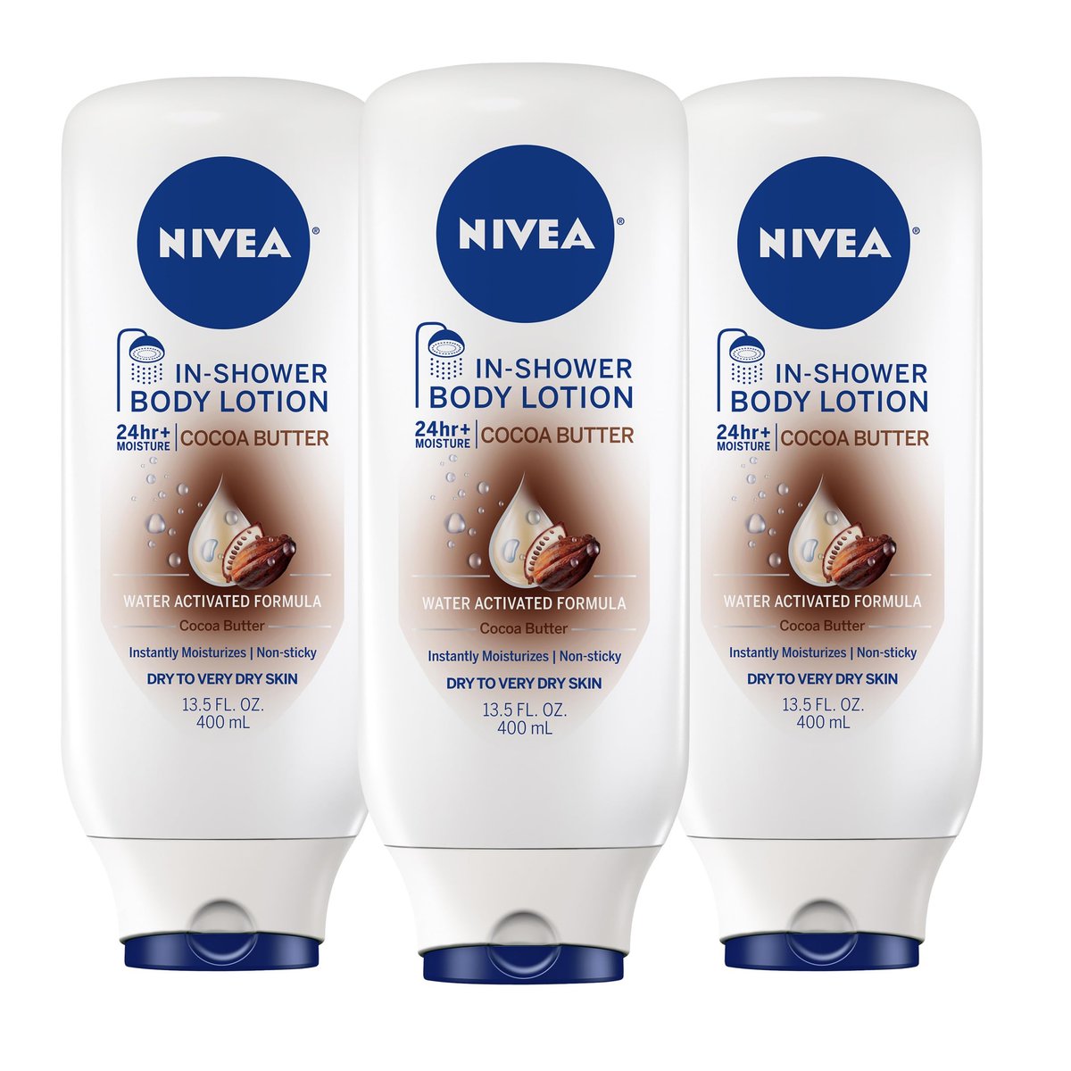 NIVEA Cocoa Butter In Shower Lotion, Water Activated In Shower Moisturizer for Dry Skin to Very Dry Skin, 13.5 FL OZ, Pack of 3 Avelisse