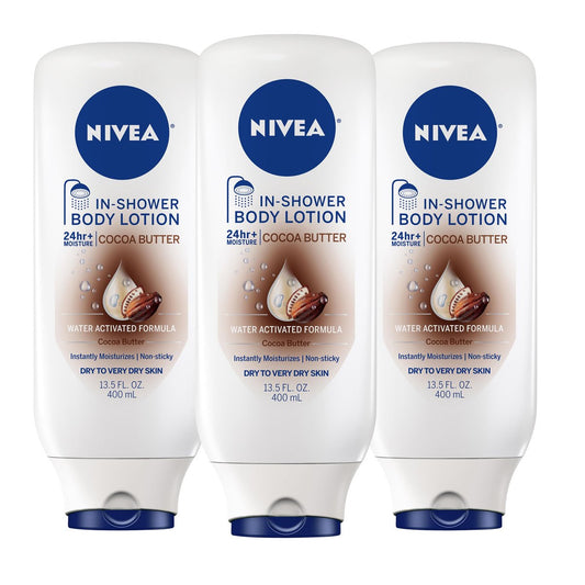 NIVEA Cocoa Butter In Shower Lotion, Water Activated In Shower Moisturizer for Dry Skin to Very Dry Skin, 13.5 FL OZ, Pack of 3 Avelisse