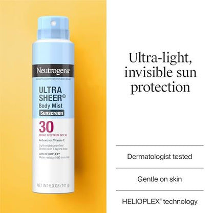Neutrogena Ultra Sheer Sunscreen Spray SPF 30 Body Mist, Lightweight Non-Greasy Broad Spectrum UVA/UVB Protection, Oil-Free & Non-Comedogenic Water Resistant Spray Sunscreen (80 min), Pack of 3, 5 oz Avelisse