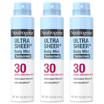 Neutrogena Ultra Sheer Sunscreen Spray SPF 30 Body Mist, Lightweight Non-Greasy Broad Spectrum UVA/UVB Protection, Oil-Free & Non-Comedogenic Water Resistant Spray Sunscreen (80 min), Pack of 3, 5 oz Avelisse