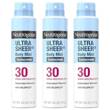 Neutrogena Ultra Sheer Sunscreen Spray SPF 30 Body Mist, Lightweight Non-Greasy Broad Spectrum UVA/UVB Protection, Oil-Free & Non-Comedogenic Water Resistant Spray Sunscreen (80 min), Pack of 3, 5 oz Avelisse