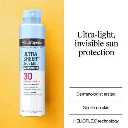Neutrogena Ultra Sheer Sunscreen Spray SPF 30 Body Mist, Lightweight Non-Greasy Broad Spectrum UVA/UVB Protection, Oil-Free & Non-Comedogenic Water Resistant Spray Sunscreen (80 min), Pack of 3, 5 oz Avelisse