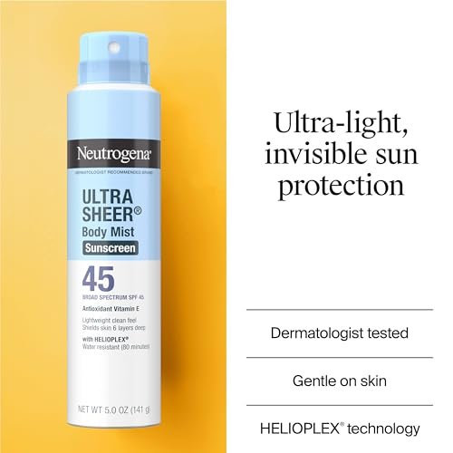 Neutrogena Ultra Sheer Sunscreen Spray SPF 45 Body Mist, Pack of 3, 5 oz Each - Lightweight, Non-Greasy, Broad Spectrum UVA/UVB Protection, Oil-Free & Non-Comedogenic, Water Resistant (80 min) Avelisse