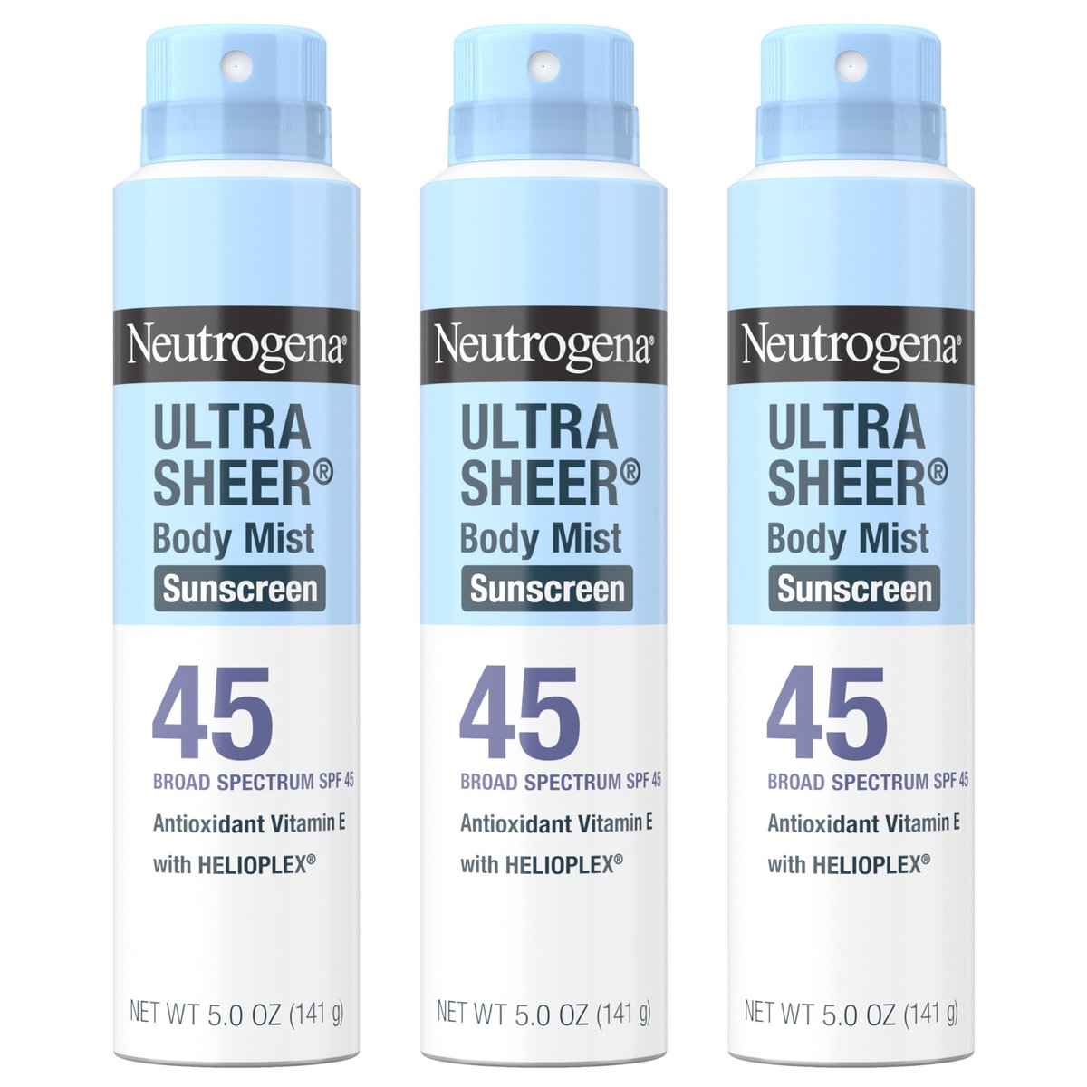 Neutrogena Ultra Sheer Sunscreen Spray SPF 45 Body Mist, Pack of 3, 5 oz Each - Lightweight, Non-Greasy, Broad Spectrum UVA/UVB Protection, Oil-Free & Non-Comedogenic, Water Resistant (80 min) Avelisse