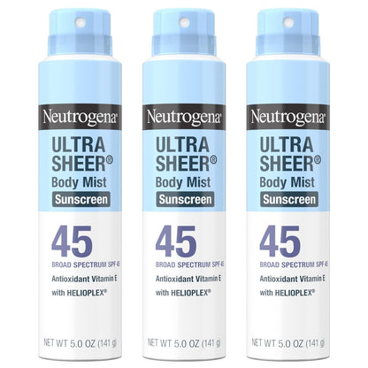 Neutrogena Ultra Sheer Sunscreen Spray SPF 45 Body Mist, Pack of 3, 5 oz Each - Lightweight, Non-Greasy, Broad Spectrum UVA/UVB Protection, Oil-Free & Non-Comedogenic, Water Resistant (80 min) Avelisse