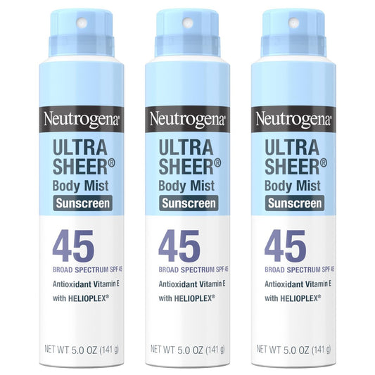 Neutrogena Ultra Sheer Sunscreen Spray SPF 45 Body Mist, Pack of 3, 5 oz Each - Lightweight, Non-Greasy, Broad Spectrum UVA/UVB Protection, Oil-Free & Non-Comedogenic, Water Resistant (80 min) Avelisse