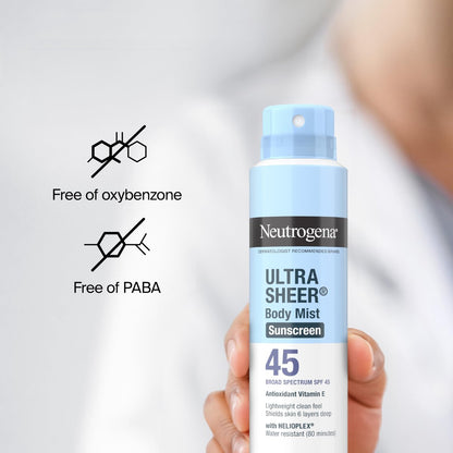 Neutrogena Ultra Sheer Sunscreen Spray SPF 45 Body Mist, Pack of 3, 5 oz Each - Lightweight, Non-Greasy, Broad Spectrum UVA/UVB Protection, Oil-Free & Non-Comedogenic, Water Resistant (80 min) Avelisse
