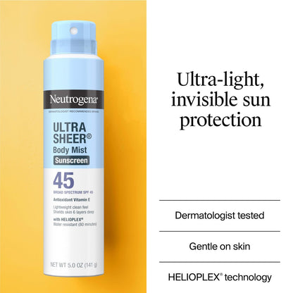 Neutrogena Ultra Sheer Sunscreen Spray SPF 45 Body Mist, Pack of 3, 5 oz Each - Lightweight, Non-Greasy, Broad Spectrum UVA/UVB Protection, Oil-Free & Non-Comedogenic, Water Resistant (80 min) Avelisse