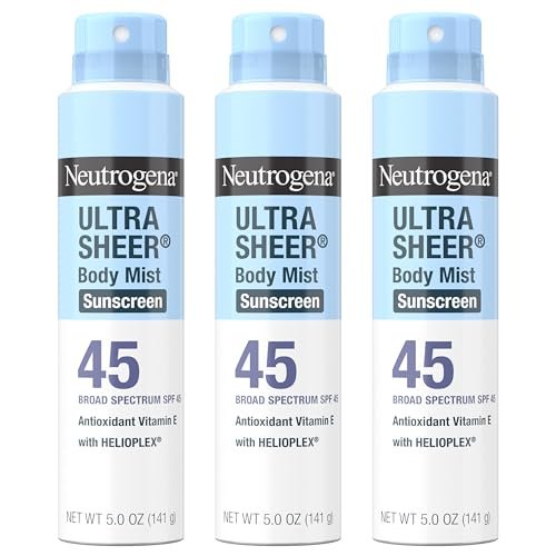 Neutrogena Ultra Sheer Sunscreen Spray SPF 45 Body Mist, Pack of 3, 5 oz Each - Lightweight, Non-Greasy, Broad Spectrum UVA/UVB Protection, Oil-Free & Non-Comedogenic, Water Resistant (80 min) Avelisse