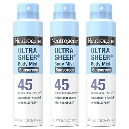 Neutrogena Ultra Sheer Sunscreen Spray SPF 45 Body Mist, Pack of 3, 5 oz Each - Lightweight, Non-Greasy, Broad Spectrum UVA/UVB Protection, Oil-Free & Non-Comedogenic, Water Resistant (80 min) Avelisse