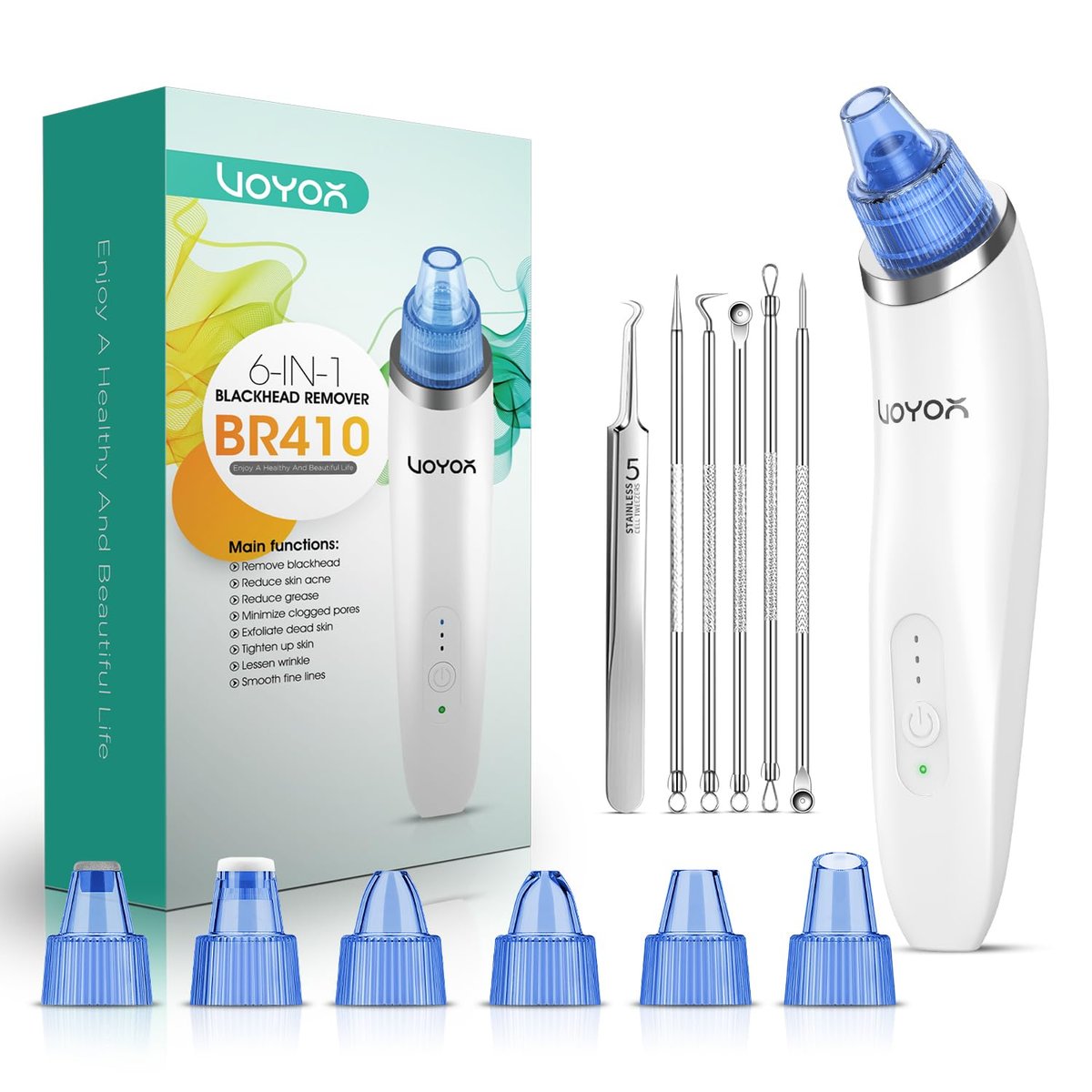 VOYOR Blackhead Remover Pore Vacuum - Electric Face Vacuum Pore Cleaner for Acne and White Heads Removal with 6 Suction Heads (BR410) Avelisse
