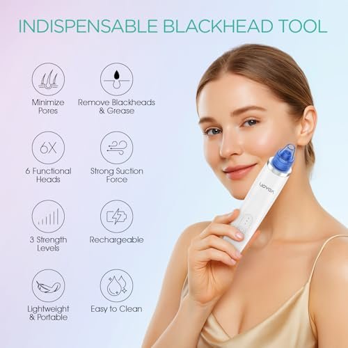 VOYOR Blackhead Remover Pore Vacuum - Electric Face Vacuum Pore Cleaner for Acne and White Heads Removal with 6 Suction Heads (BR410) Avelisse