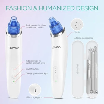 VOYOR Blackhead Remover Pore Vacuum - Electric Face Vacuum Pore Cleaner for Acne and White Heads Removal with 6 Suction Heads (BR410) Avelisse