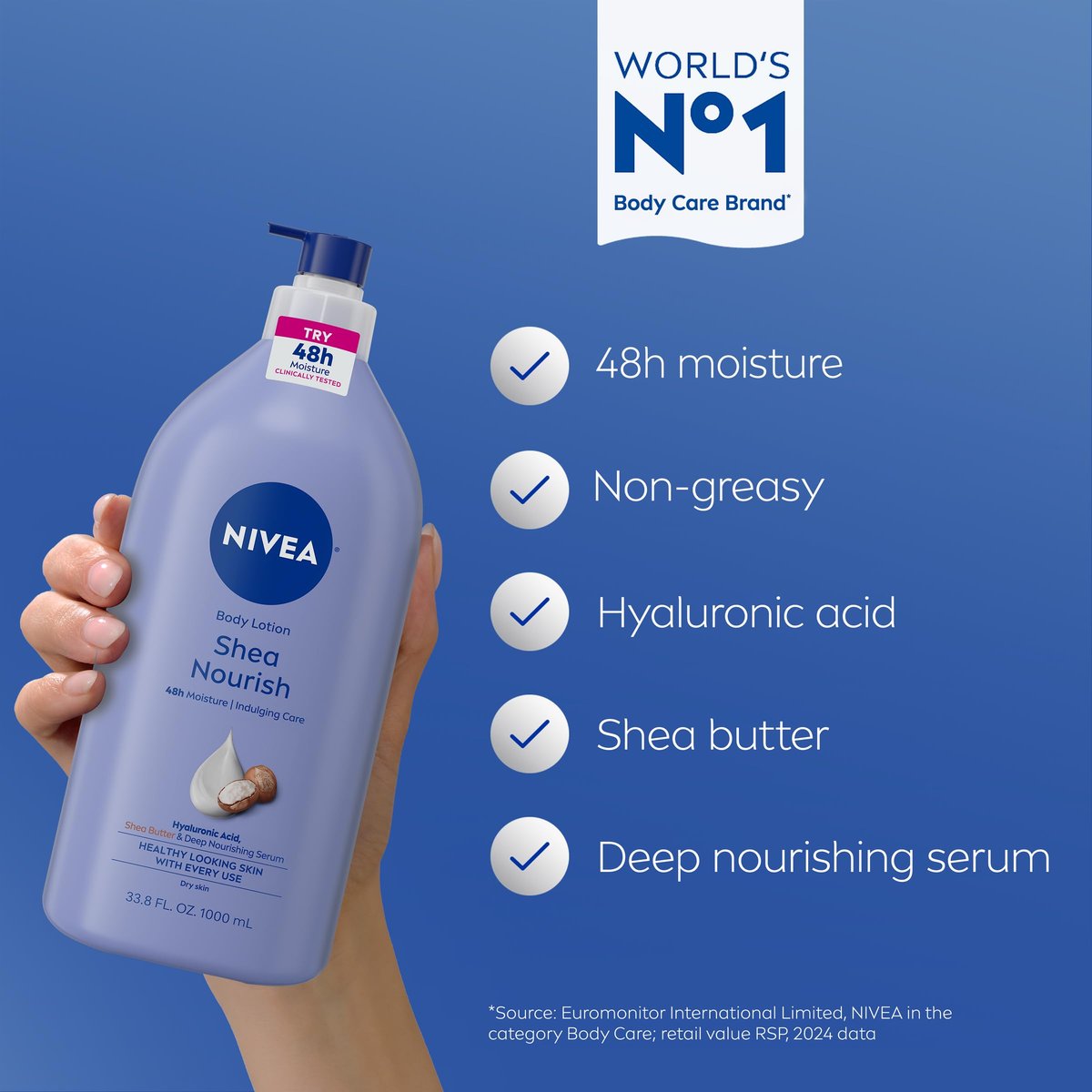 NIVEA Shea Nourish Body Lotion for Dry Skin – 33.8 Fl Oz Pump Bottle with Hyaluronic Acid & Shea Butter Avelisse