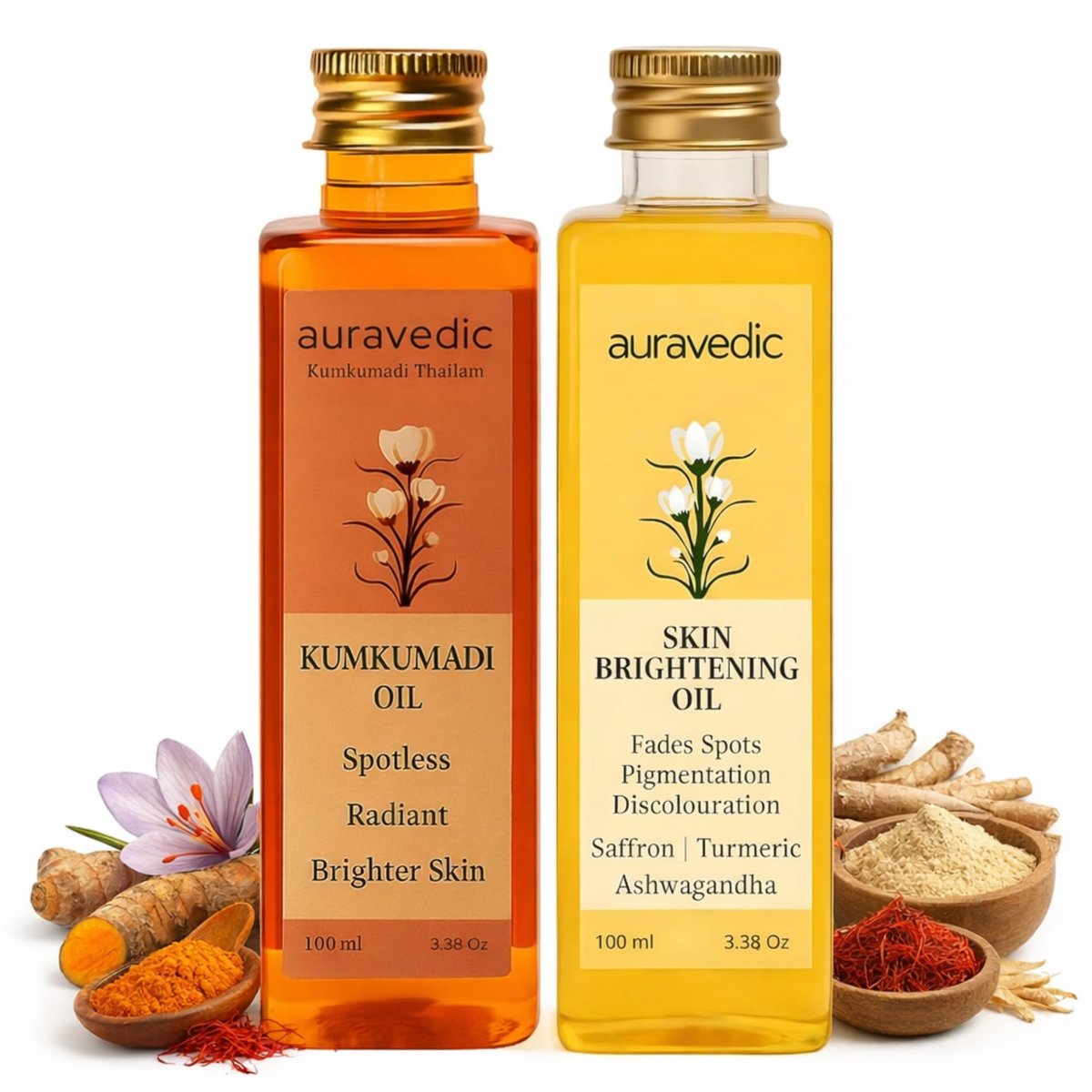 Auravedic Kumkumadi Oil & Skin Oil Combo – Saffron, Turmeric & Winter Cherry Infused Face Moisturizer – Hydrating & Nourishing for All Skin Types – 3.38 Fl Oz (100ml) Avelisse