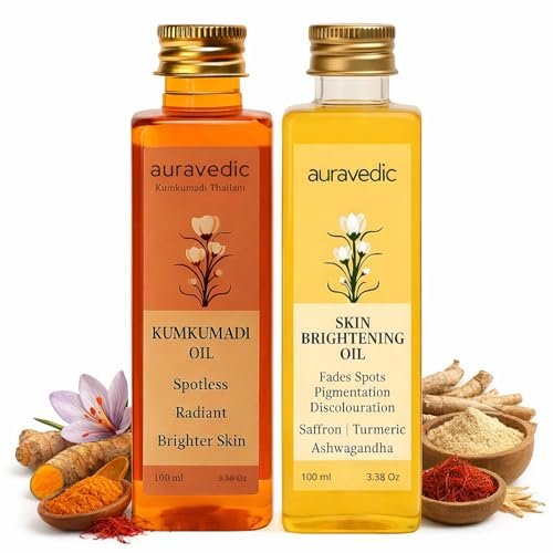 Auravedic Kumkumadi Oil & Skin Oil Combo – Saffron, Turmeric & Winter Cherry Infused Face Moisturizer – Hydrating & Nourishing for All Skin Types – 3.38 Fl Oz (100ml) Avelisse