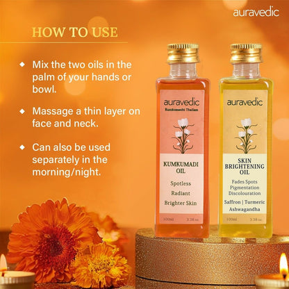 Auravedic Kumkumadi Oil & Skin Oil Combo – Saffron, Turmeric & Winter Cherry Infused Face Moisturizer – Hydrating & Nourishing for All Skin Types – 3.38 Fl Oz (100ml) Avelisse