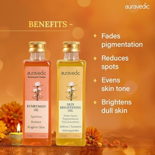 Auravedic Kumkumadi Oil & Skin Oil Combo – Saffron, Turmeric & Winter Cherry Infused Face Moisturizer – Hydrating & Nourishing for All Skin Types – 3.38 Fl Oz (100ml) Avelisse