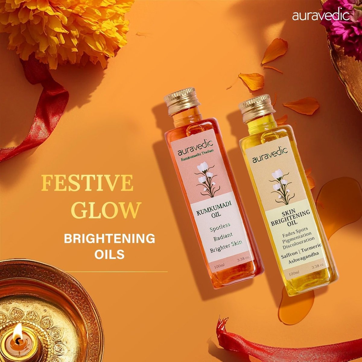 Auravedic Kumkumadi Oil & Skin Oil Combo – Saffron, Turmeric & Winter Cherry Infused Face Moisturizer – Hydrating & Nourishing for All Skin Types – 3.38 Fl Oz (100ml) Avelisse