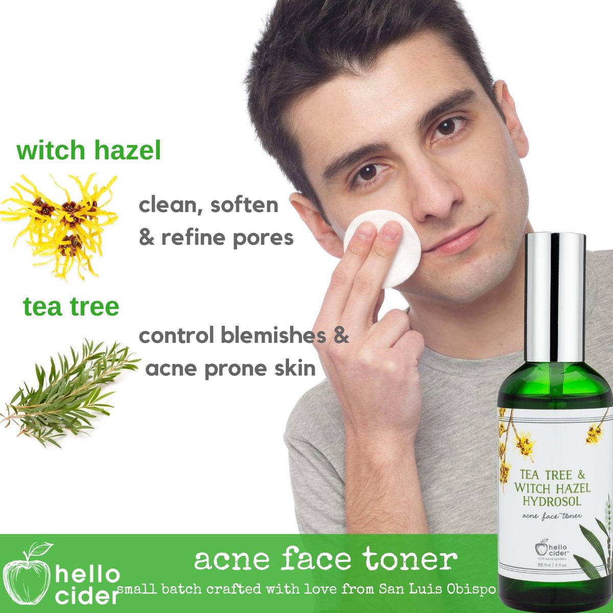 Tea Tree Witch Hazel Face Toner - Organic Hydrosol Astringent Facial Spray for Blemishes, Acne, pH Balance - All Skin Types - Hello Cider (3 Fl Oz) - görsel 3