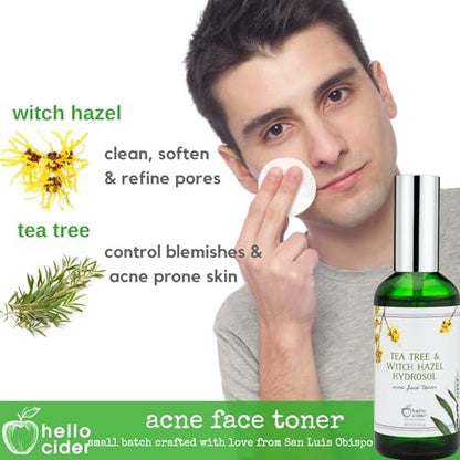 Tea Tree Witch Hazel Face Toner - Organic Hydrosol Astringent Facial Spray for Blemishes, Acne, pH Balance - All Skin Types - Hello Cider (3 Fl Oz)