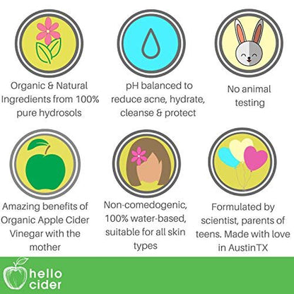 Tea Tree Witch Hazel Face Toner - Organic Hydrosol Astringent Facial Spray for Blemishes, Acne, pH Balance - All Skin Types - Hello Cider (3 Fl Oz)