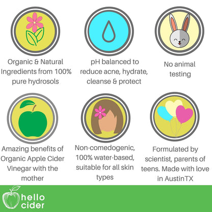 Tea Tree Witch Hazel Face Toner - Organic Hydrosol Astringent Facial Spray for Blemishes, Acne, pH Balance - All Skin Types - Hello Cider (3 Fl Oz)