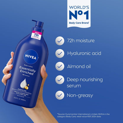 NIVEA Essentially Enriched Body Lotion for Very Dry Skin, 33.8 Fl Oz Pump Bottle with Hyaluronic Acid, Almond Oil & Deep Nourishing Serum, 72-Hour Moisture Avelisse