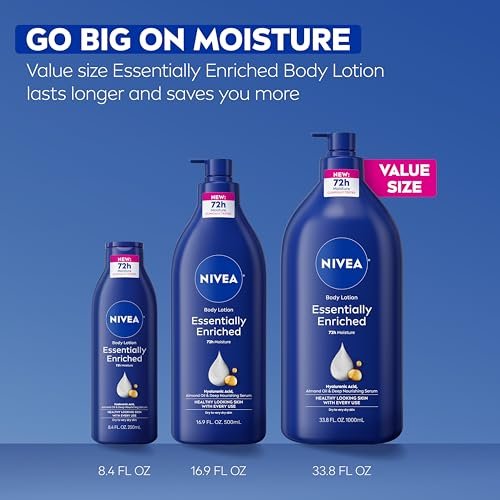 NIVEA Essentially Enriched Body Lotion for Very Dry Skin, 33.8 Fl Oz Pump Bottle with Hyaluronic Acid, Almond Oil & Deep Nourishing Serum, 72-Hour Moisture Avelisse