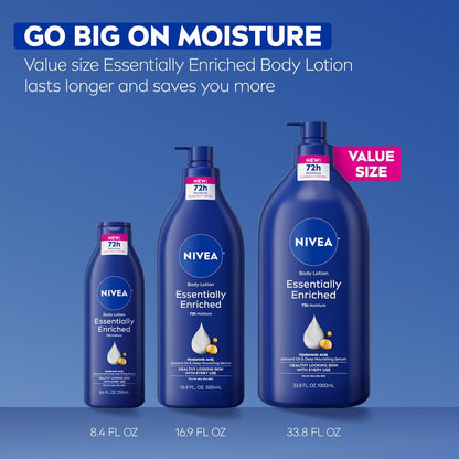 NIVEA Essentially Enriched Body Lotion for Very Dry Skin, 33.8 Fl Oz Pump Bottle with Hyaluronic Acid, Almond Oil & Deep Nourishing Serum, 72-Hour Moisture Avelisse