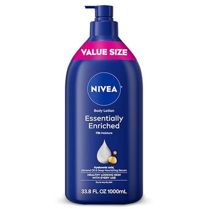 NIVEA Essentially Enriched Body Lotion for Very Dry Skin, 33.8 Fl Oz Pump Bottle with Hyaluronic Acid, Almond Oil & Deep Nourishing Serum, 72-Hour Moisture Avelisse